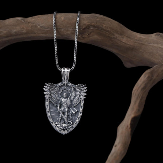 Handmade Sterling Silver Saint Michael Shield Pendant, Religious Necklace