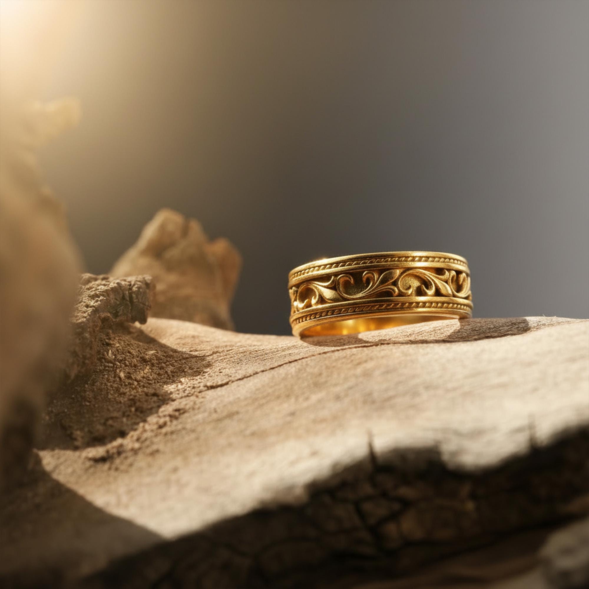 Gold Plated Floral Filigree Ring: Handcrafted Vintage Men's Wedding Band, Ornate Victorian Pattern Jewelry __etsy:7603308565