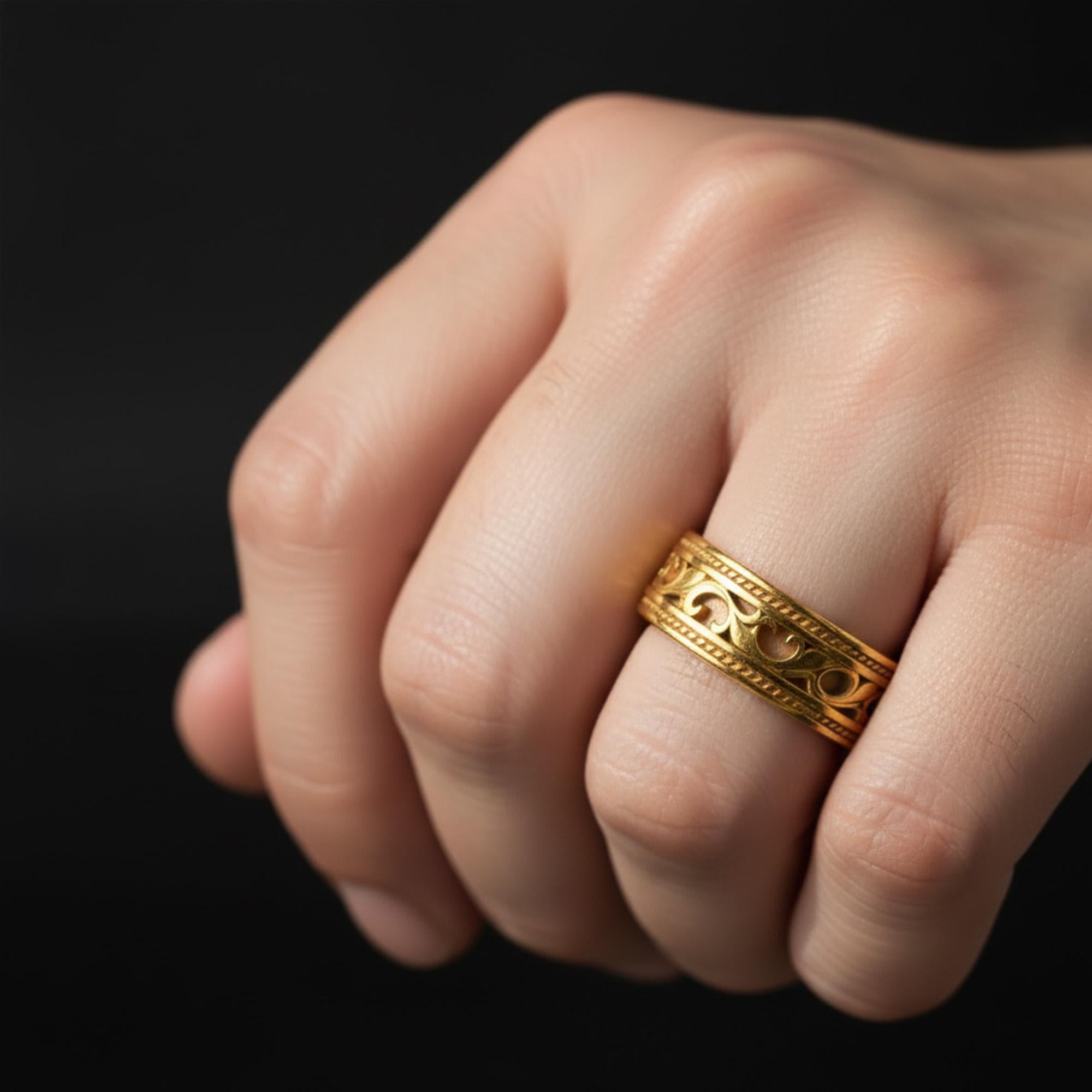 Gold Plated Floral Filigree Ring: Handcrafted Vintage Men's Wedding Band, Ornate Victorian Pattern Jewelry __etsy:7875214386