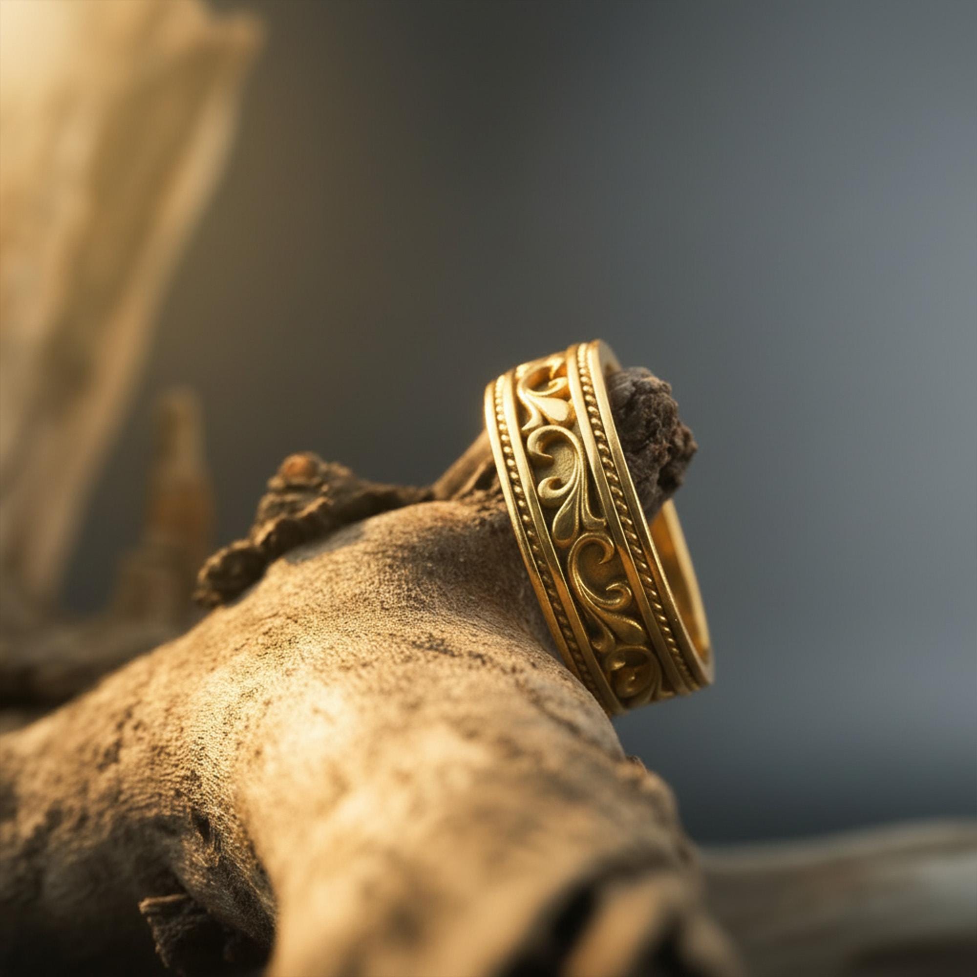 Gold Plated Floral Filigree Ring: Handcrafted Vintage Men's Wedding Band, Ornate Victorian Pattern Jewelry __etsy:7603312879