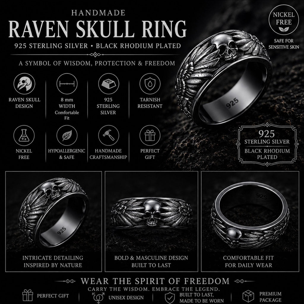 Rhodium Plated Mens Black Raven Skull Ring: Gothic Winged Band, Memento Mori Jewelry __etsy:8033888948
