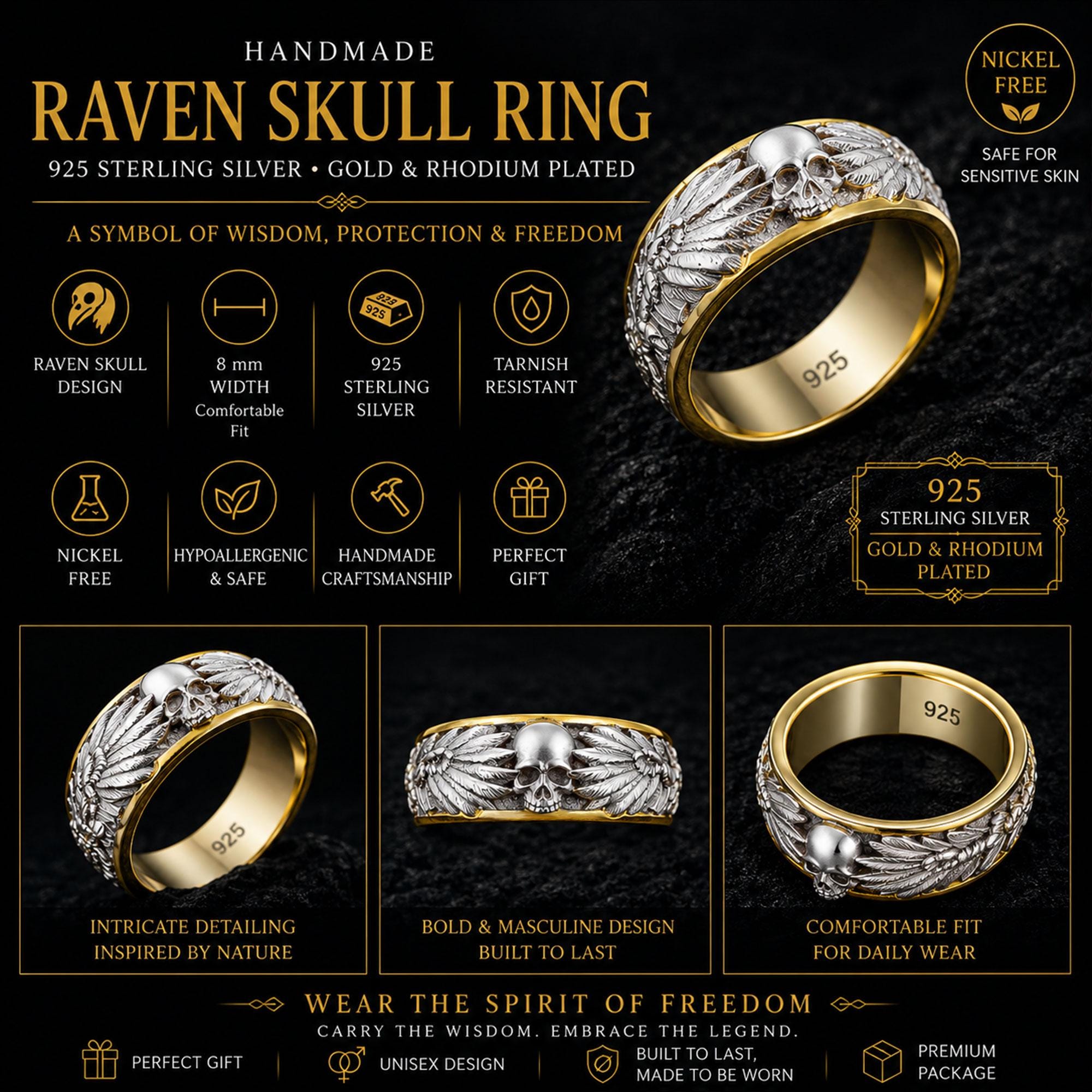 Rhodium Plated Mens Black Raven Skull Ring: Gothic Winged Band, Memento Mori Jewelry __etsy:8081802451