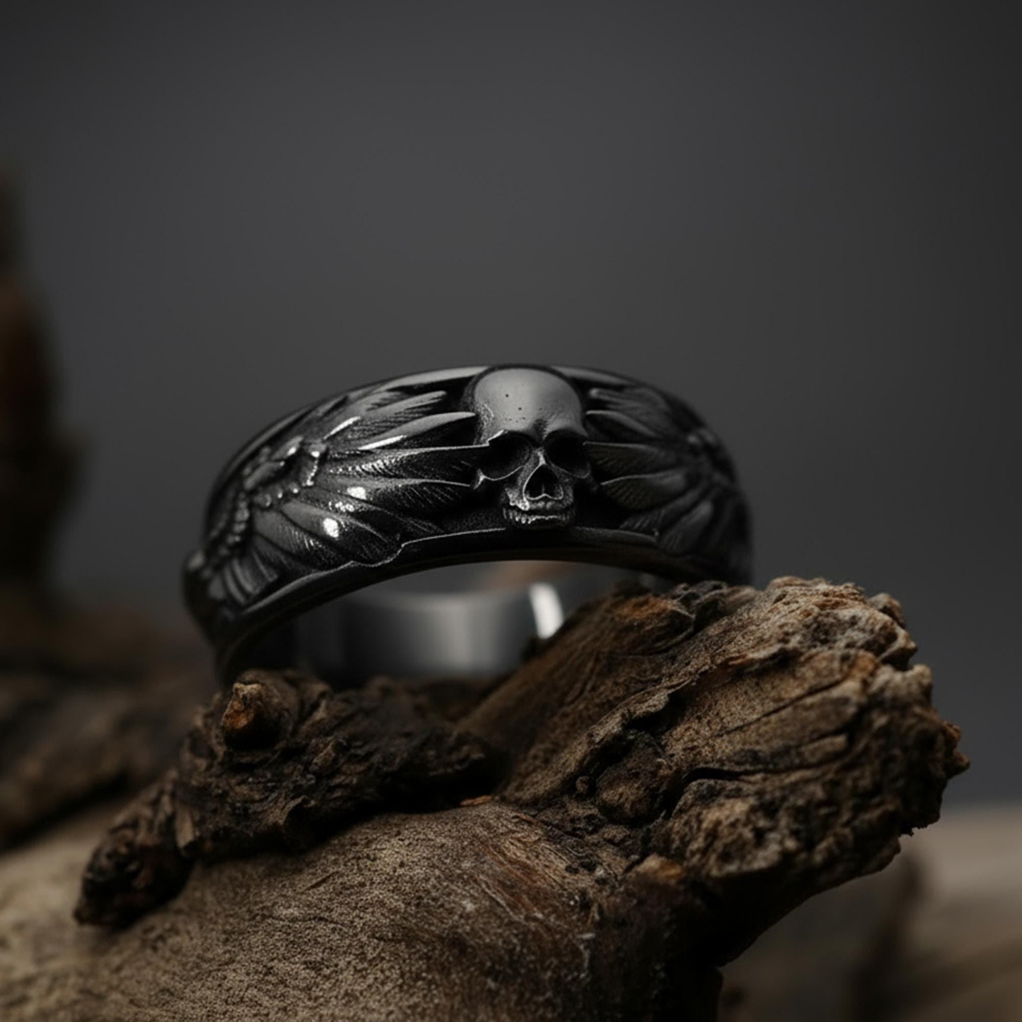 Rhodium Plated Mens Black Raven Skull Ring: Gothic Winged Band, Memento Mori Jewelry __etsy:7485116963