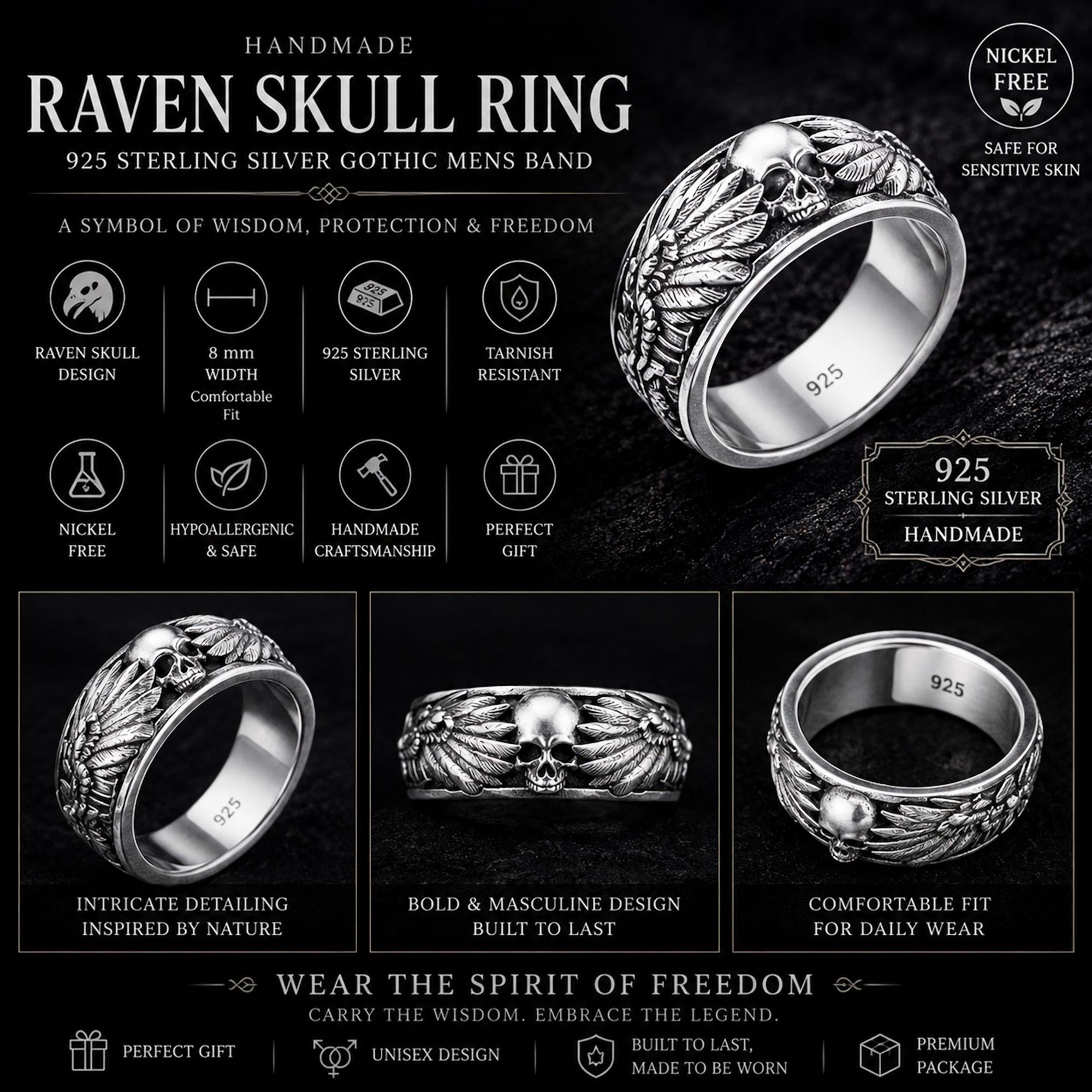 Rhodium Plated Mens Black Raven Skull Ring: Gothic Winged Band, Memento Mori Jewelry __etsy:8081804799