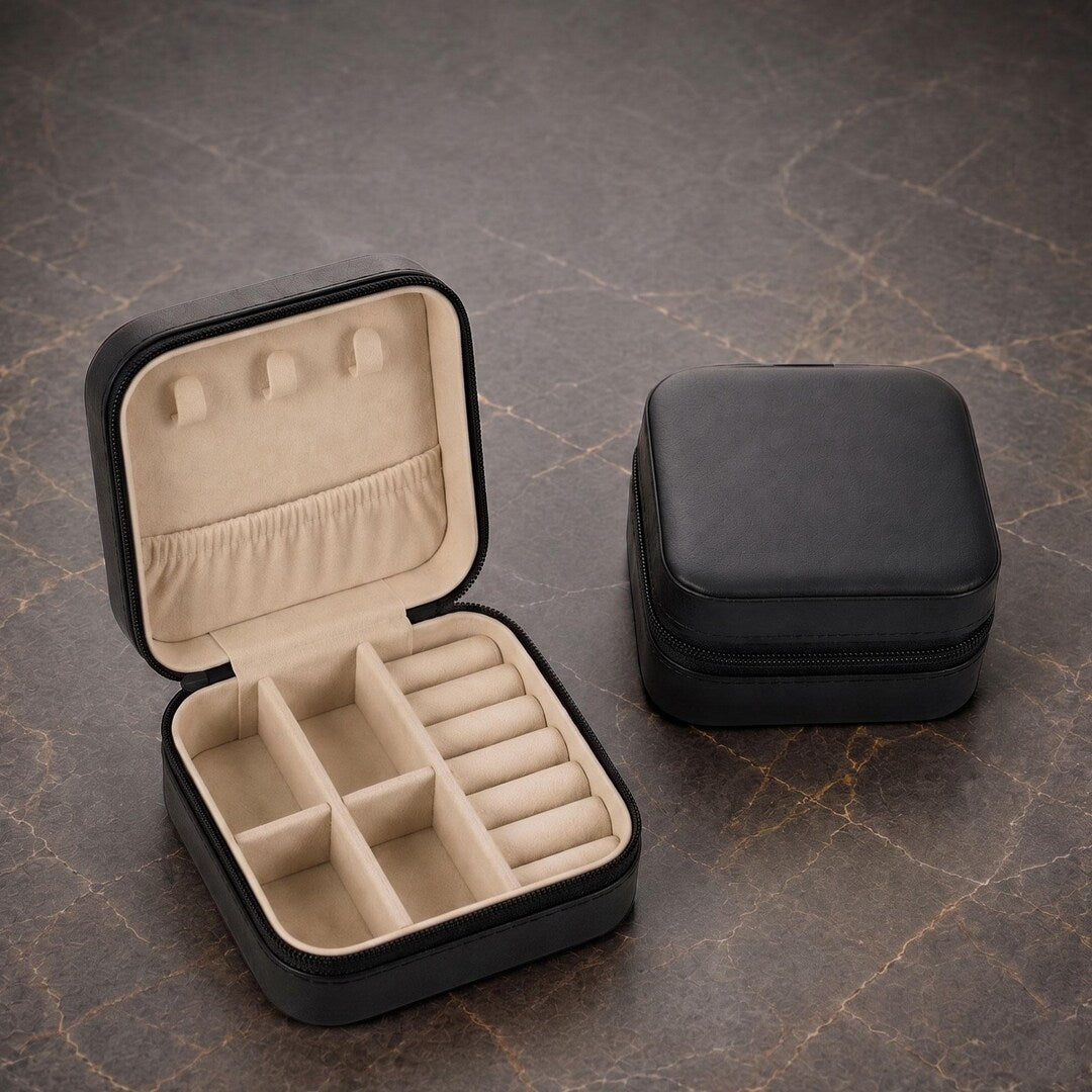 Black leather jewelry travel case, closed and open view