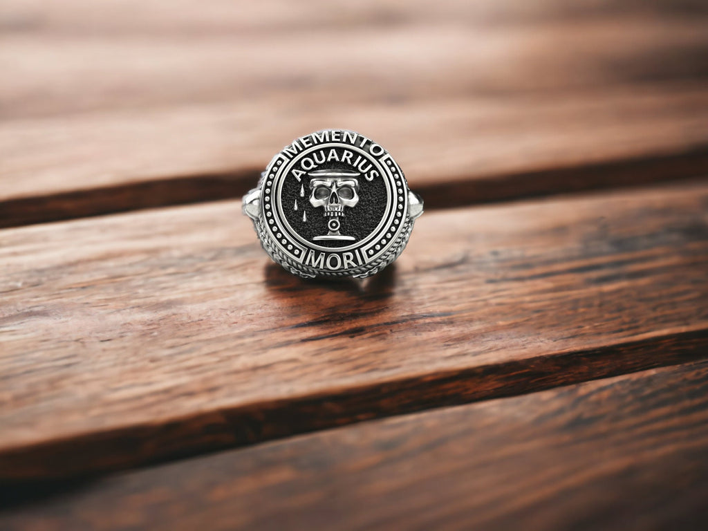 Handmade Sterling Silver Aquarius Skull Signet Ring, Memento Mori