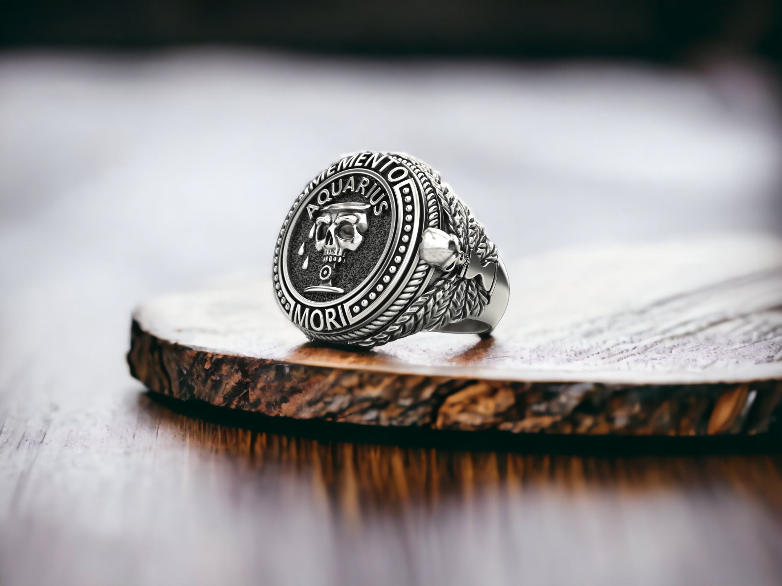Handmade Sterling Silver Aquarius Skull Signet Ring, Memento Mori