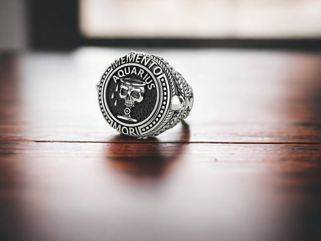 Handmade Sterling Silver Aquarius Skull Signet Ring, Memento Mori