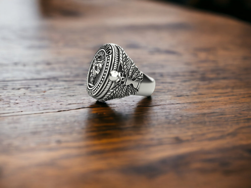 Handmade Sterling Silver Aquarius Skull Signet Ring, Memento Mori