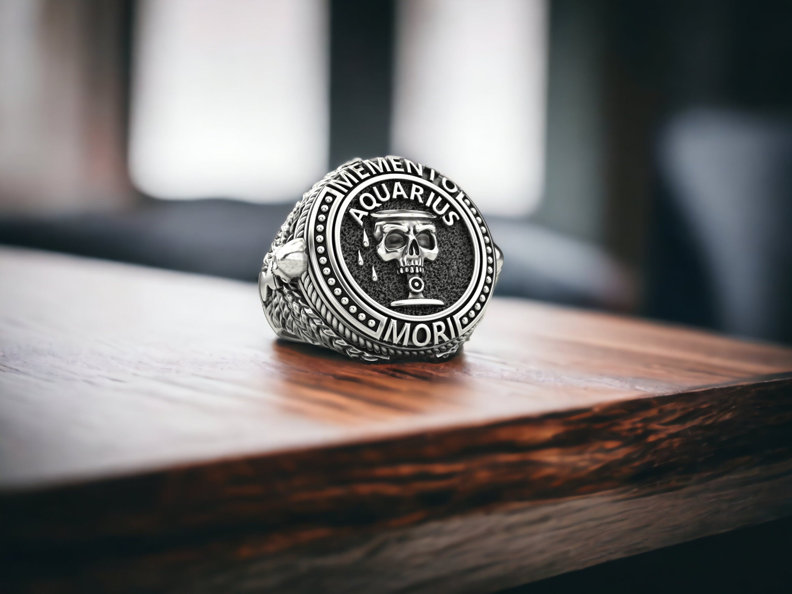 Handmade Sterling Silver Aquarius Skull Signet Ring, Memento Mori
