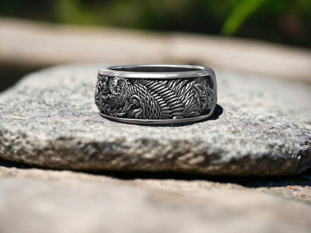 925K Sterling Silver Fire Bird Ring: Japanese Mythology Jewelry