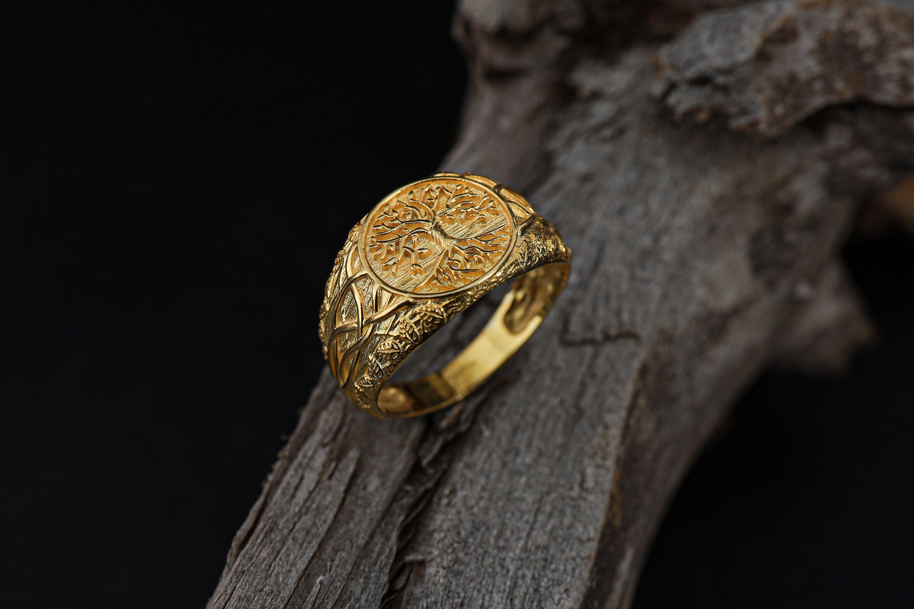 Men's Gold Plated Tree of Life Signet Ring: Norse Yggdrasil Mythological Jewelry