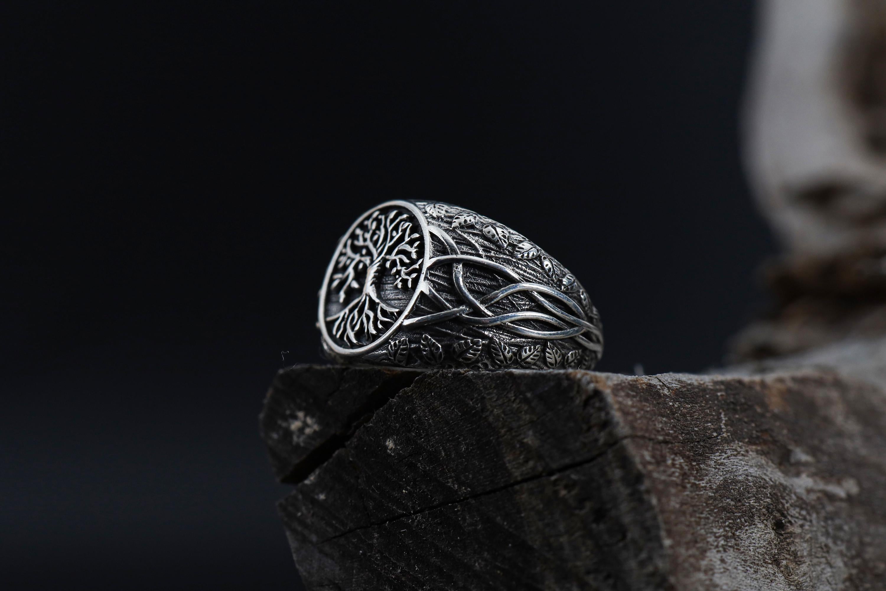 Men's Gold Plated Tree of Life Signet Ring: Norse Yggdrasil Mythological Jewelry