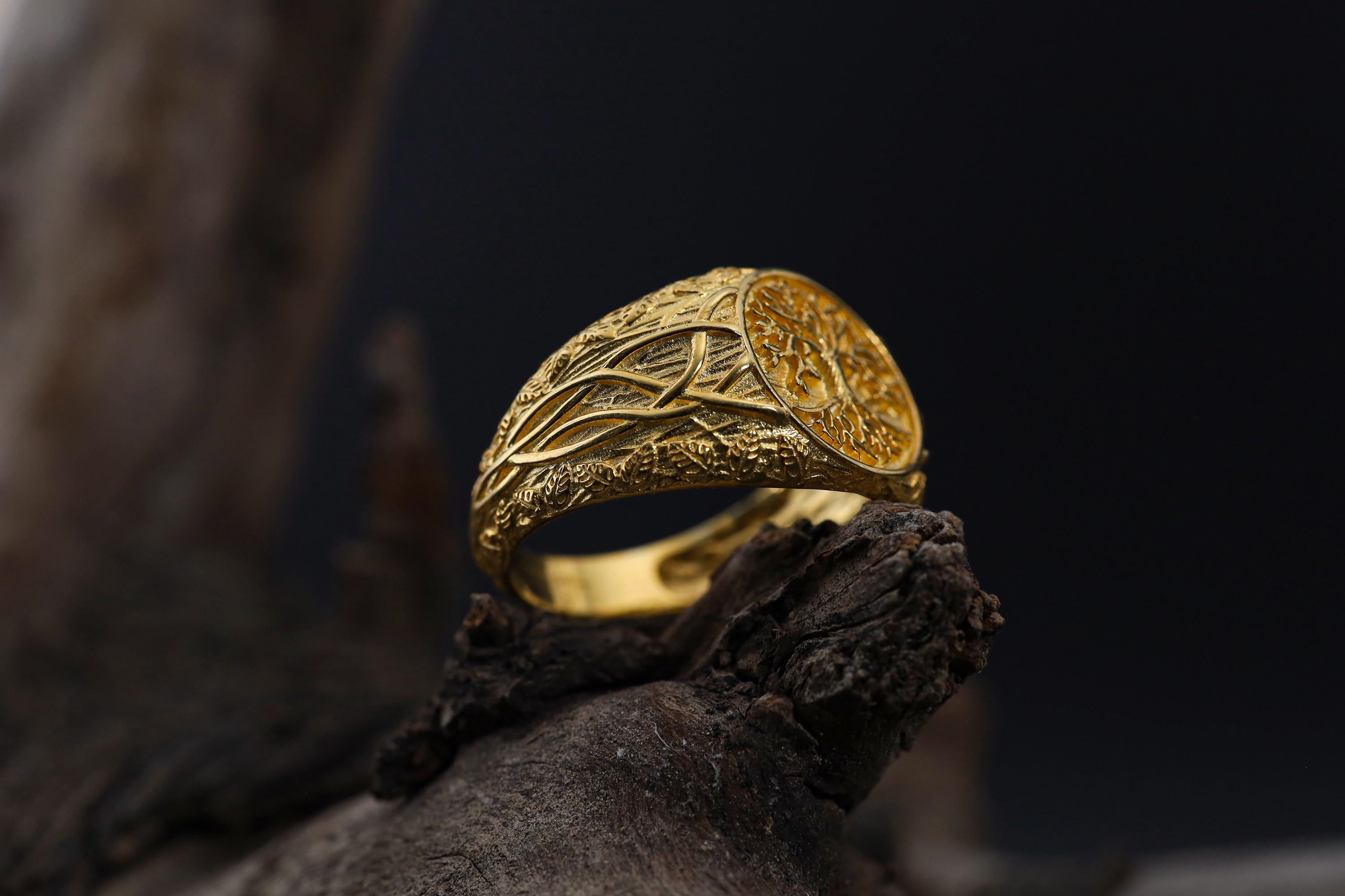 Men's Gold Plated Tree of Life Signet Ring: Norse Yggdrasil Mythological Jewelry