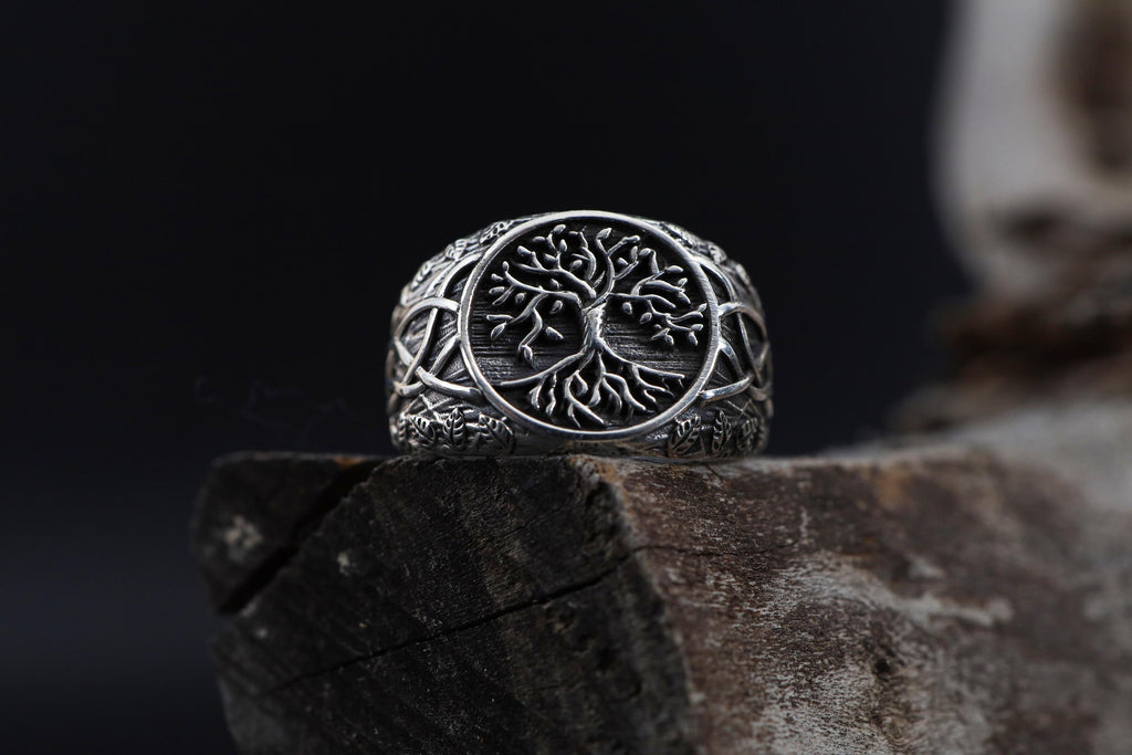 Men's Gold Plated Tree of Life Signet Ring: Norse Yggdrasil Mythological Jewelry
