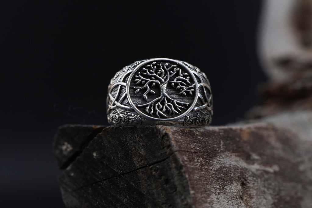 Mens Yggdrasil Ring: Sterling Silver Tree of Life Norse Band, Celtic Symbolism
