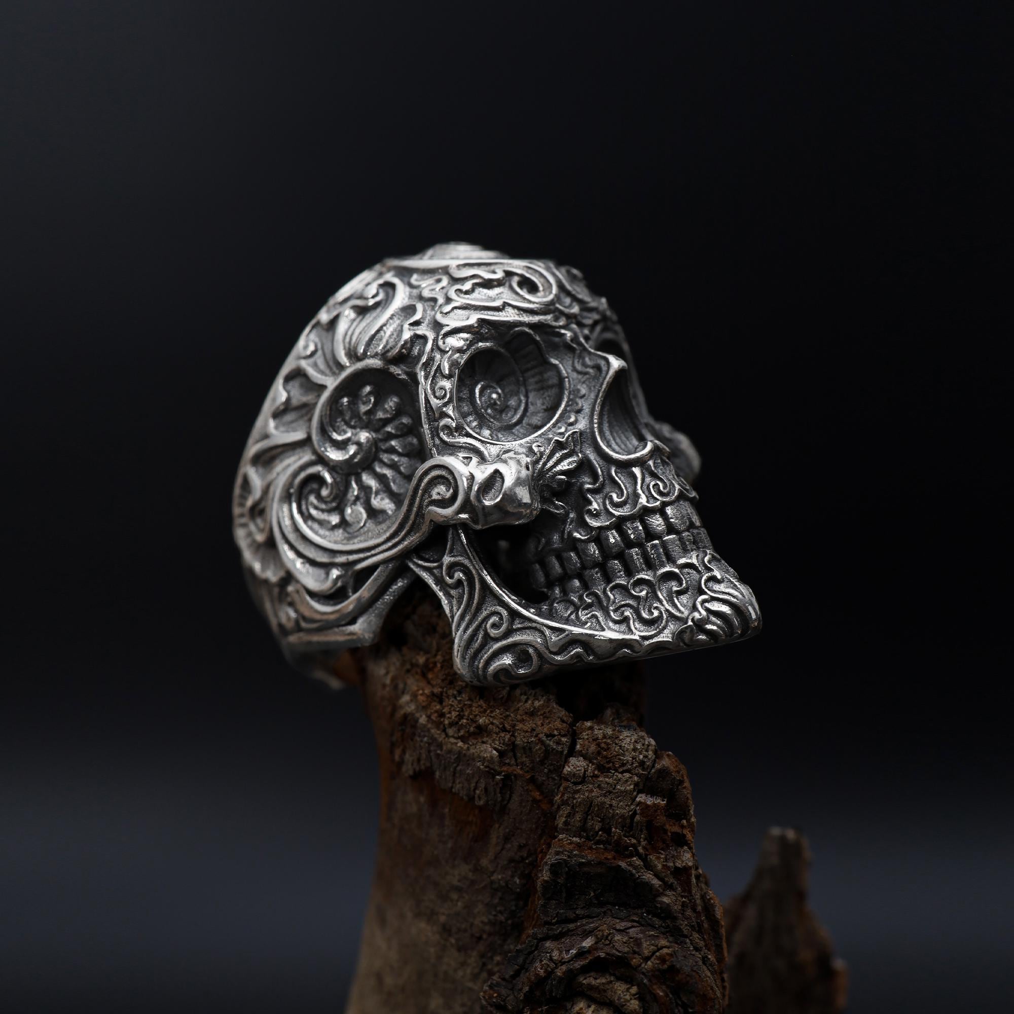 925K Sterling Silver Skull Ring: Baroque Engraved Gothic Biker Jewelry for Men