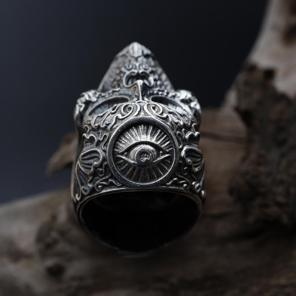 925K Sterling Silver Skull Ring: Baroque Engraved Gothic Biker Jewelry for Men