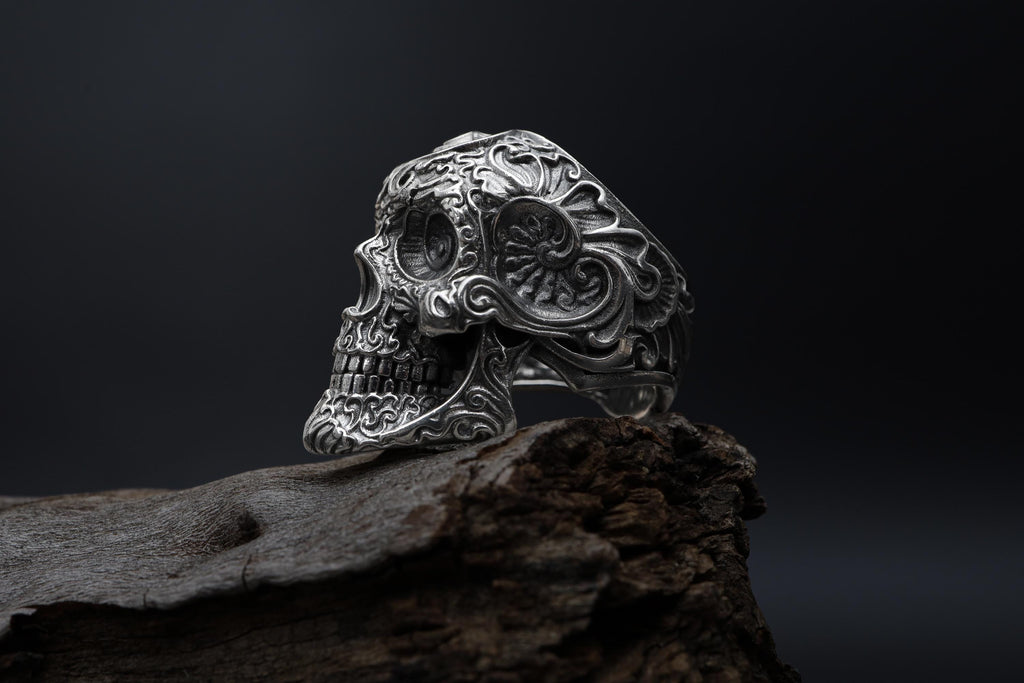 925K Sterling Silver Skull Ring: Baroque Engraved Gothic Biker Jewelry for Men