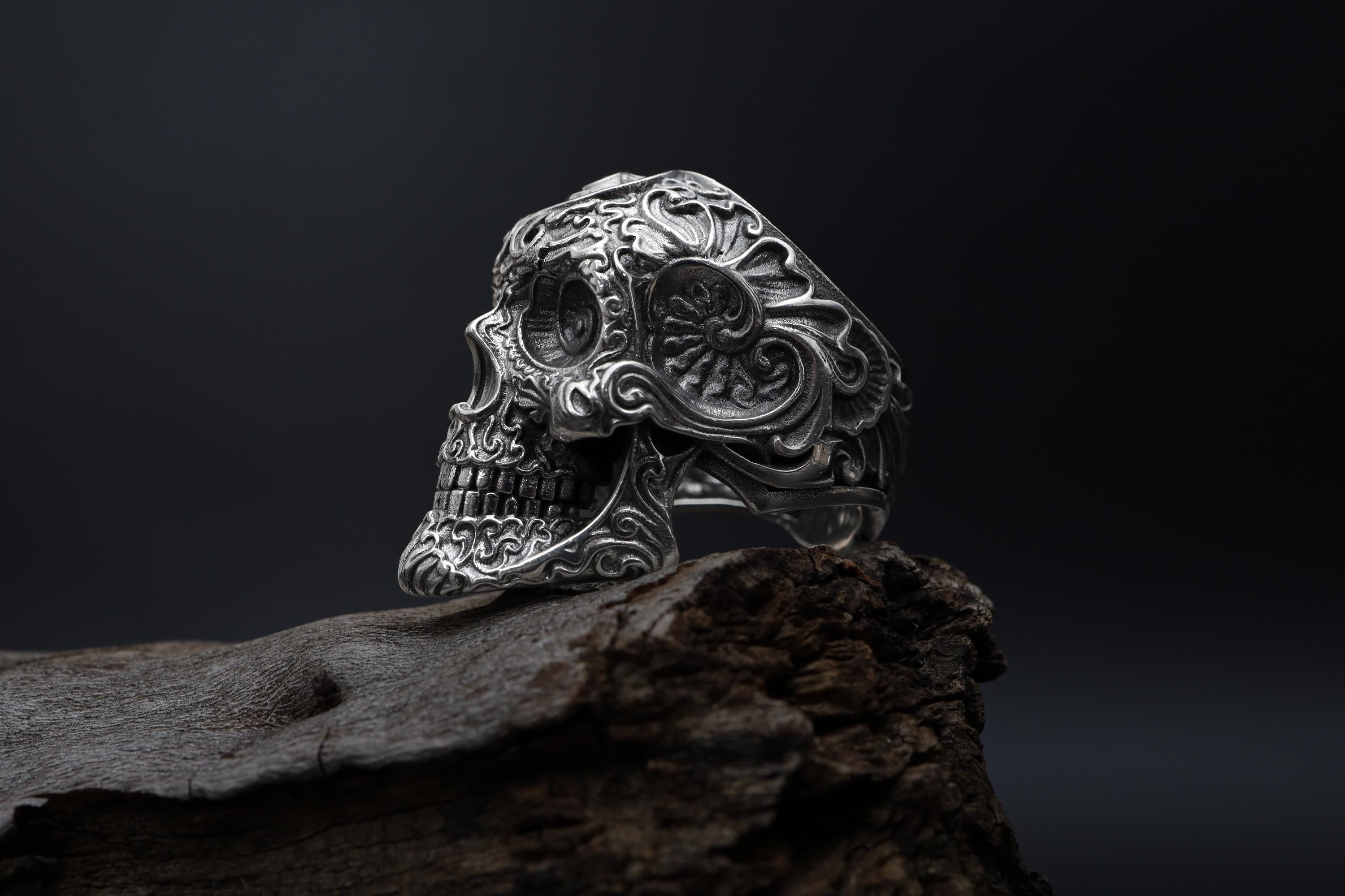925K Sterling Silver Skull Ring: Baroque Engraved Gothic Biker Jewelry for Men