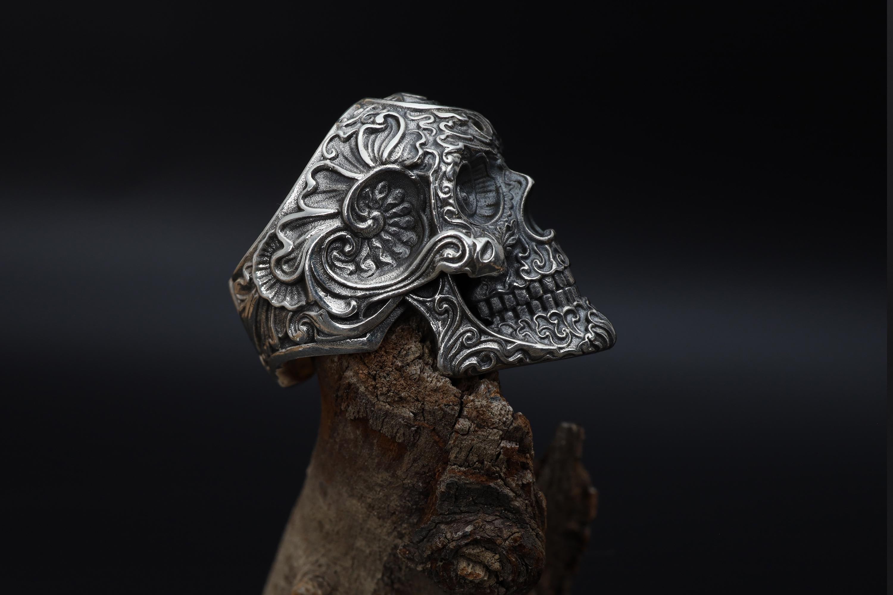925K Sterling Silver Skull Ring: Baroque Engraved Gothic Biker Jewelry for Men