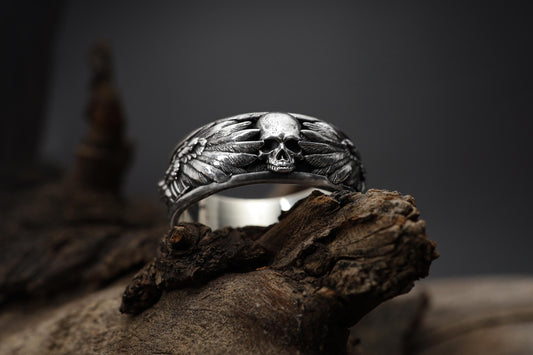 Handmade Raven Skull Ring: 925 Sterling Silver Gothic Mens Band, Viking Style Jewelry
