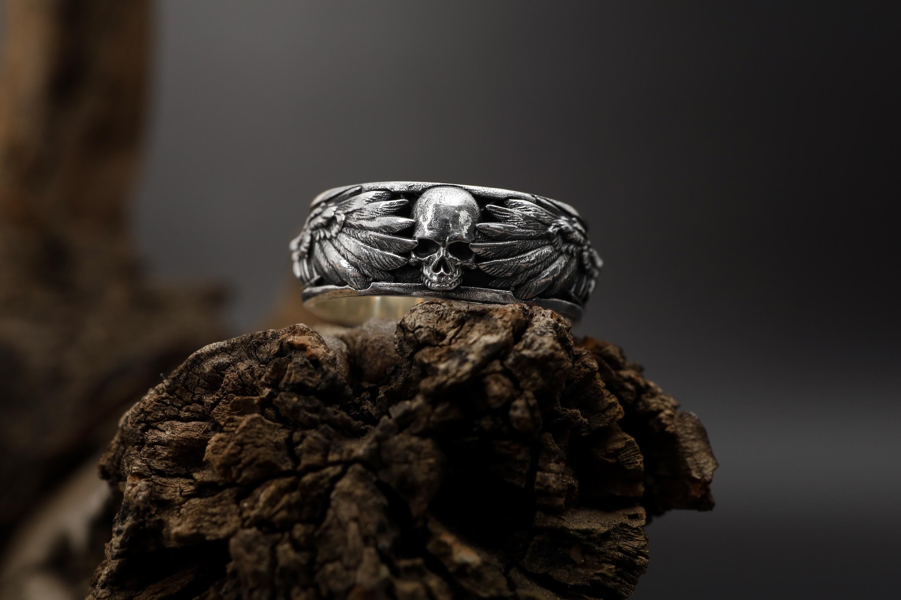 Sterling Silver Raven Skull Ring: Viking Gothic Men's Band, Dark Symbolic Jewelry