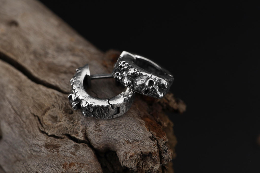Gold Plated Skull Hoop Earrings for Men: Gold Gothic Huggie Earrings, Memento Mori Hoop Earrings, Skull Heads Bold Jewelry