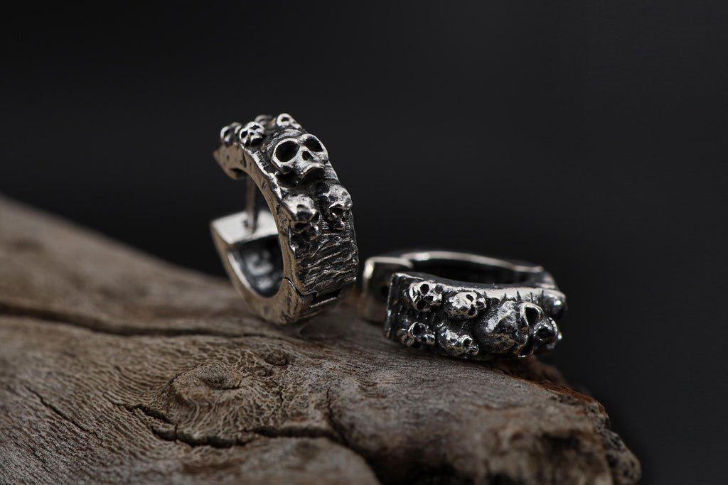 Sterling Silver Skull Hoop Earrings, Gothic Punk Jewelry, Dangle Skull Earrings, Men’s Skull Jewelry