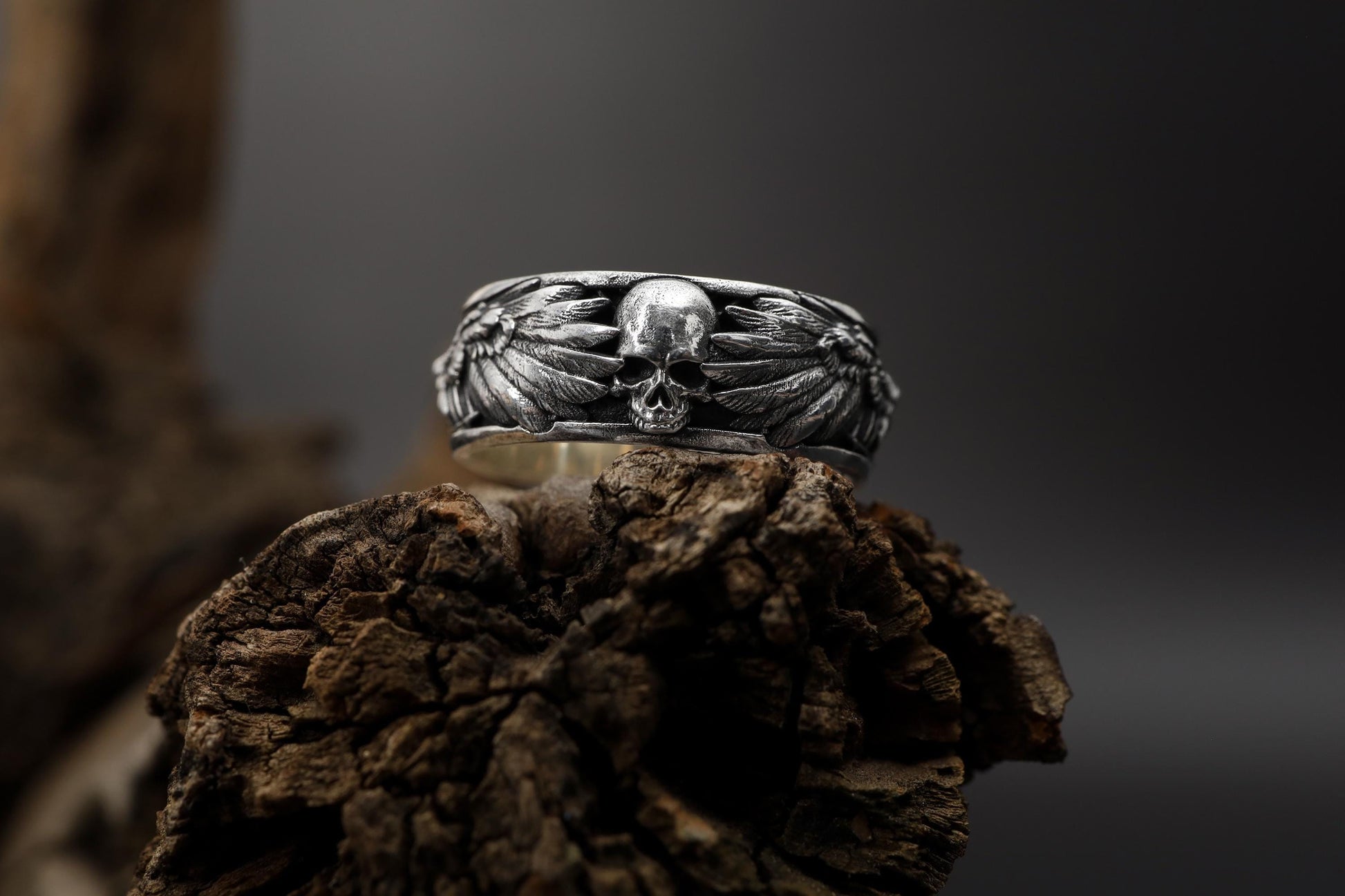 Handmade Raven Skull Ring: 925 Sterling Silver Gothic Mens Band, Viking Style Jewelry