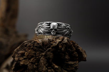 Handmade Raven Skull Ring: 925 Sterling Silver Gothic Mens Band, Viking Style Jewelry