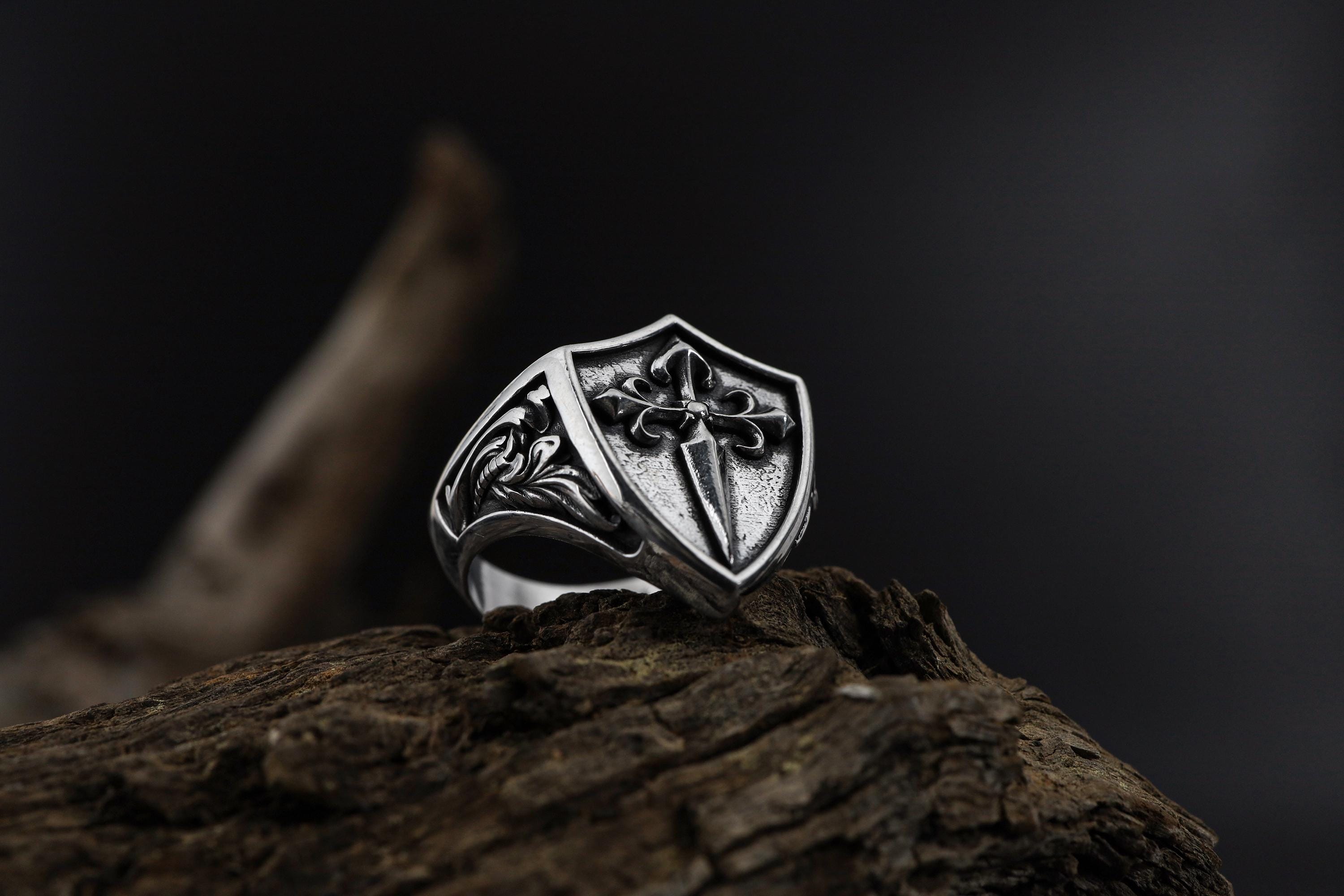 Handmade Sterling Silver Medieval Shield Ring, Fleur De Lis Sword