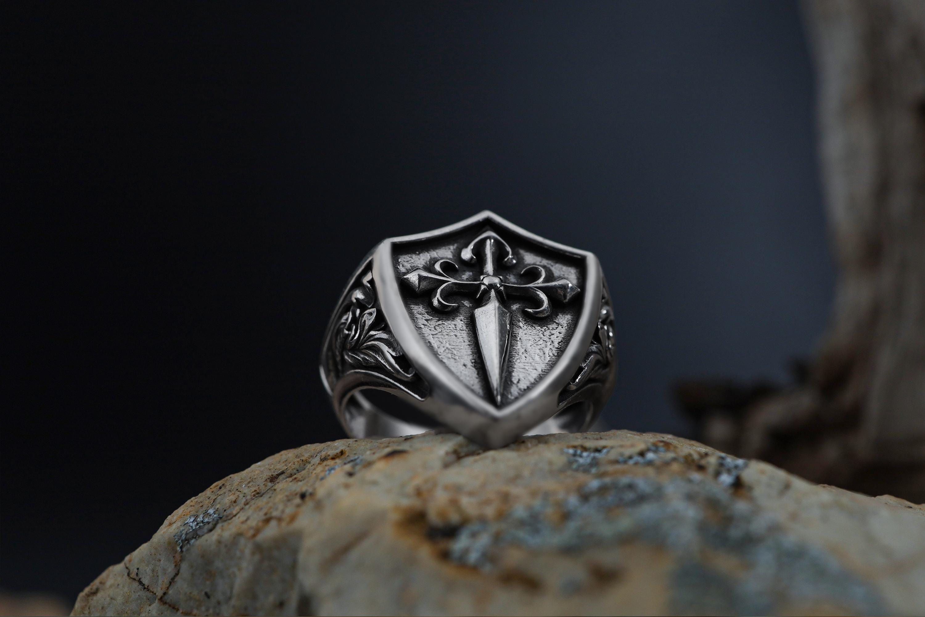 Handmade Sterling Silver Medieval Shield Ring, Fleur De Lis Sword