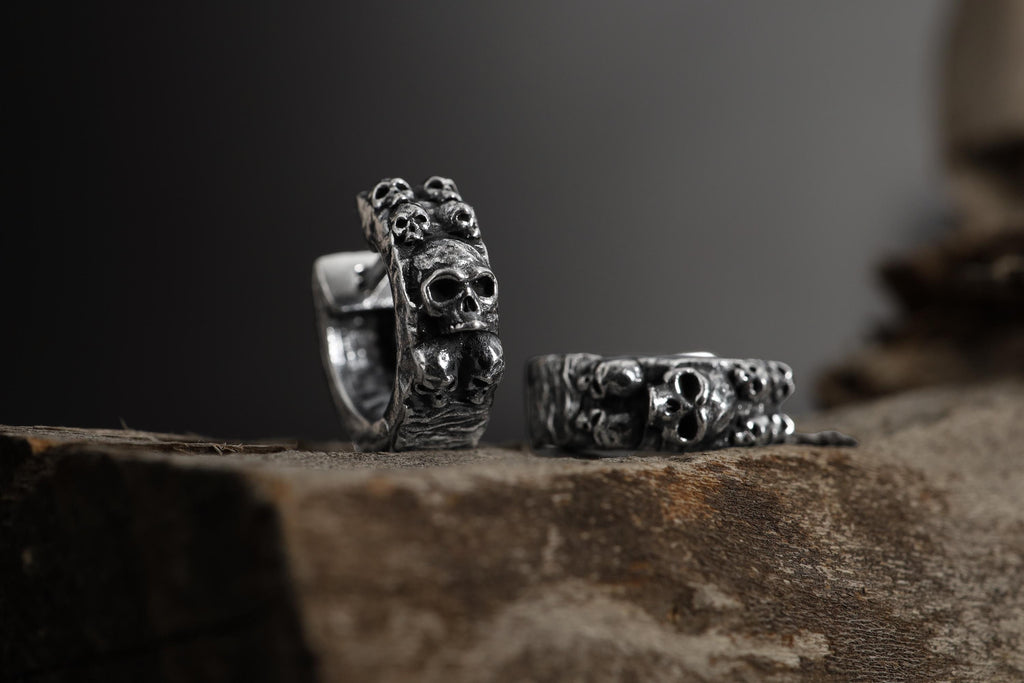 Gold Plated Skull Hoop Earrings for Men: Gold Gothic Huggie Earrings, Memento Mori Hoop Earrings, Skull Heads Bold Jewelry
