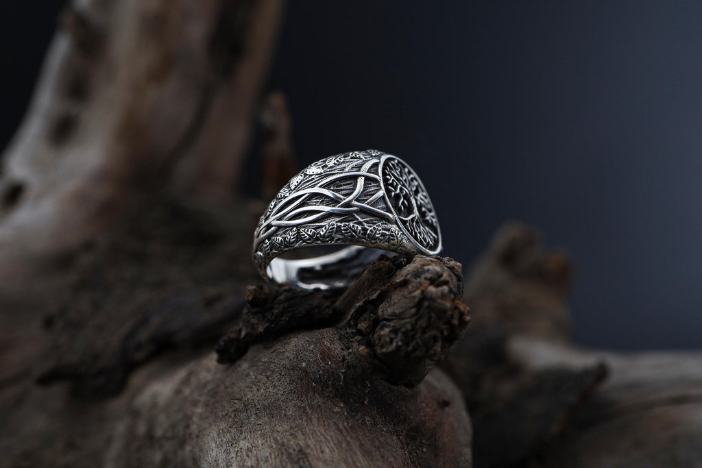 Rhodium Plated Yggdrasil Ring, Tree of Life Signet Ring for Men, Bohemian Nature Symbol Ring, Scandinavian Ring, Life Force Jewelry