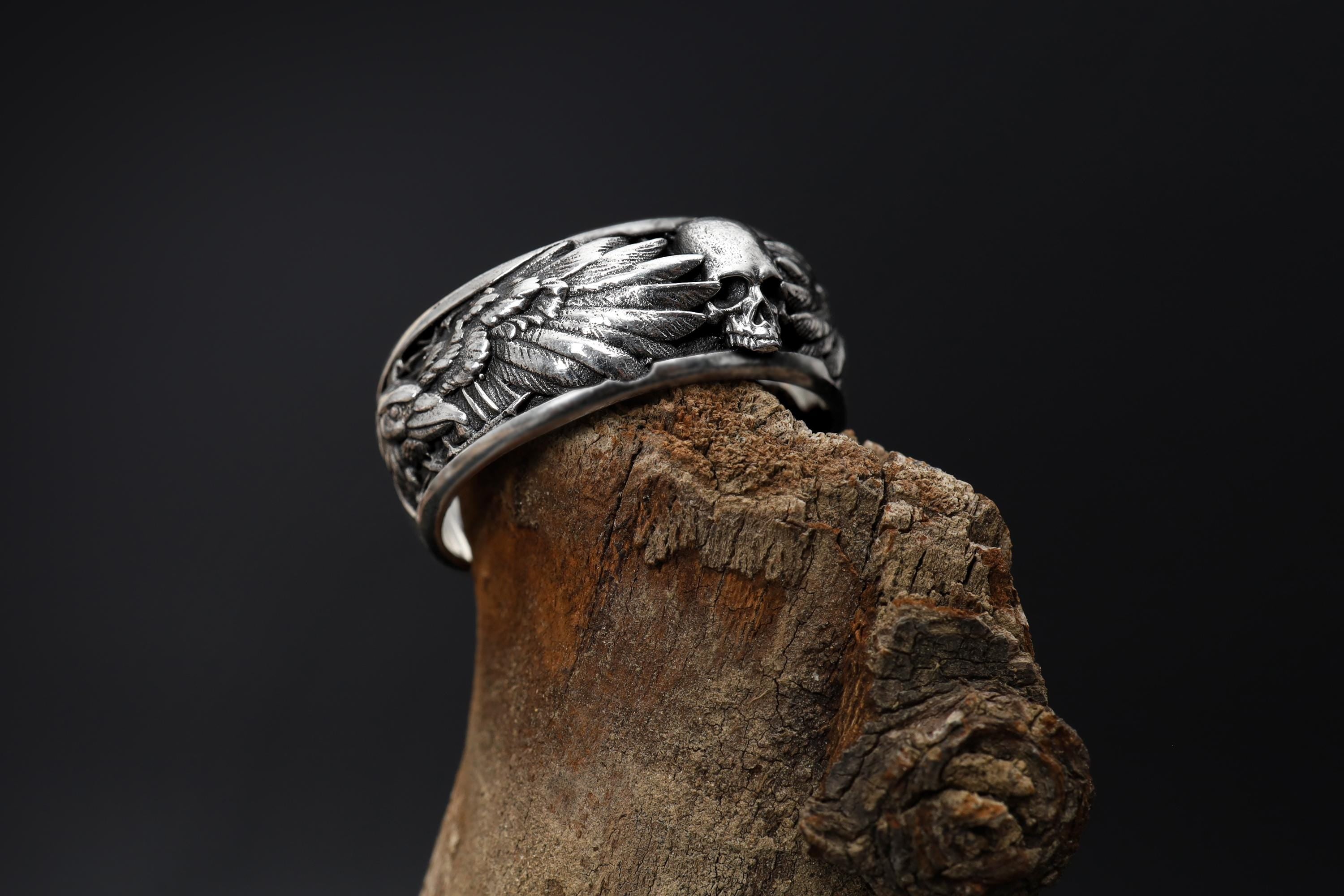 Sterling Silver Raven Skull Ring: Viking Gothic Men's Band, Dark Symbolic Jewelry