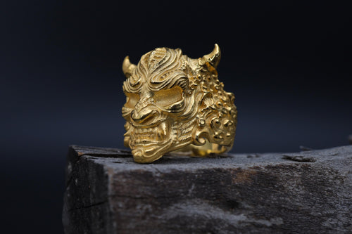 14K Solid Gold Hannya Mask Ring: Japanese Oni Demon Statement Jewelry