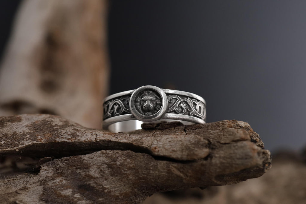 Handcrafted lion spirit band ring, rhodium plated sterling silver animal jewelry, and symbolic statement ring designed for those who are drawn to strength, leadership, and inner power. This striking ring features a bold lion-inspired design, creating a look that feels powerful, spiritual, and timeless