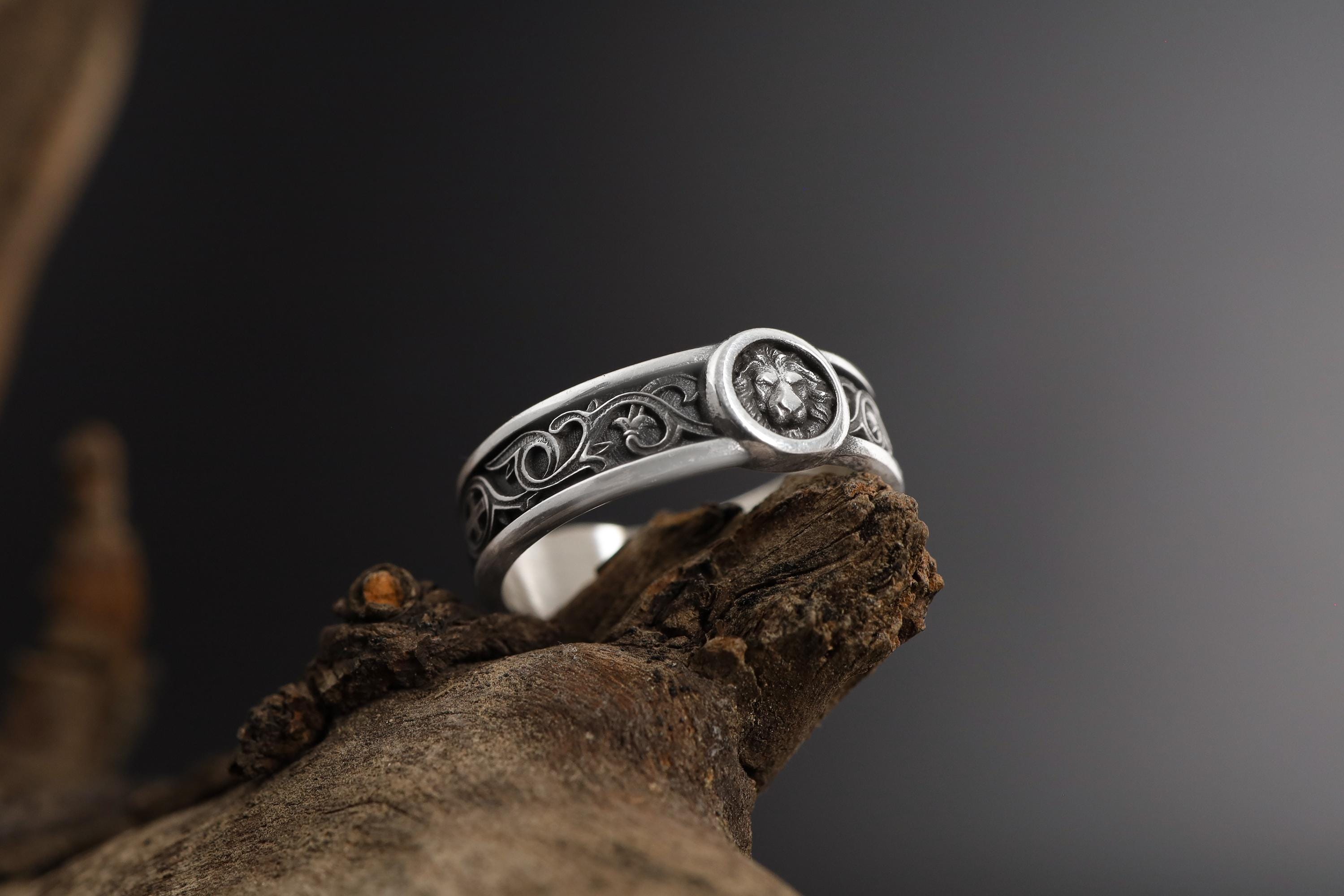 Handcrafted lion spirit band ring, rhodium plated sterling silver animal jewelry, and symbolic statement ring designed for those who are drawn to strength, leadership, and inner power. This striking ring features a bold lion-inspired design, creating a look that feels powerful, spiritual, and timeless