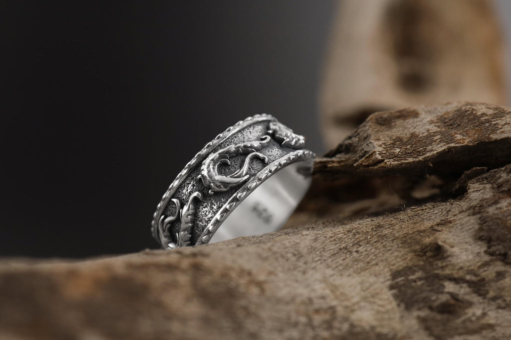 Rhodium Plated Dragon Band Ring: Wind Pattern Band, Waves Nature Inspired Jewelry