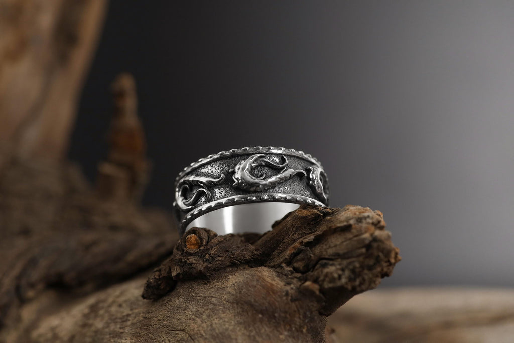 Rhodium Plated Dragon Band Ring: Wind Pattern Band, Waves Nature Inspired Jewelry