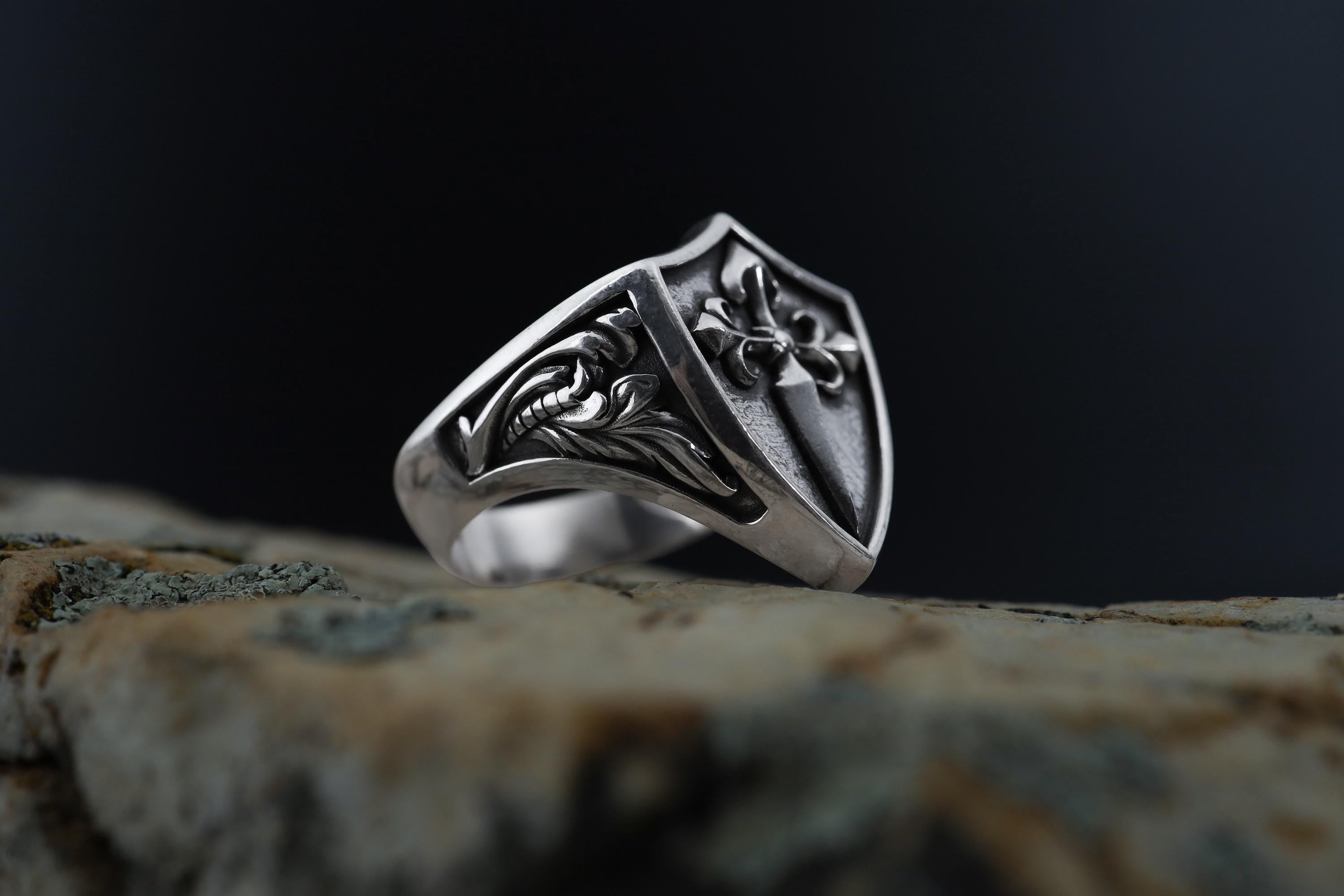 Handmade Sterling Silver Medieval Shield Ring, Fleur De Lis Sword