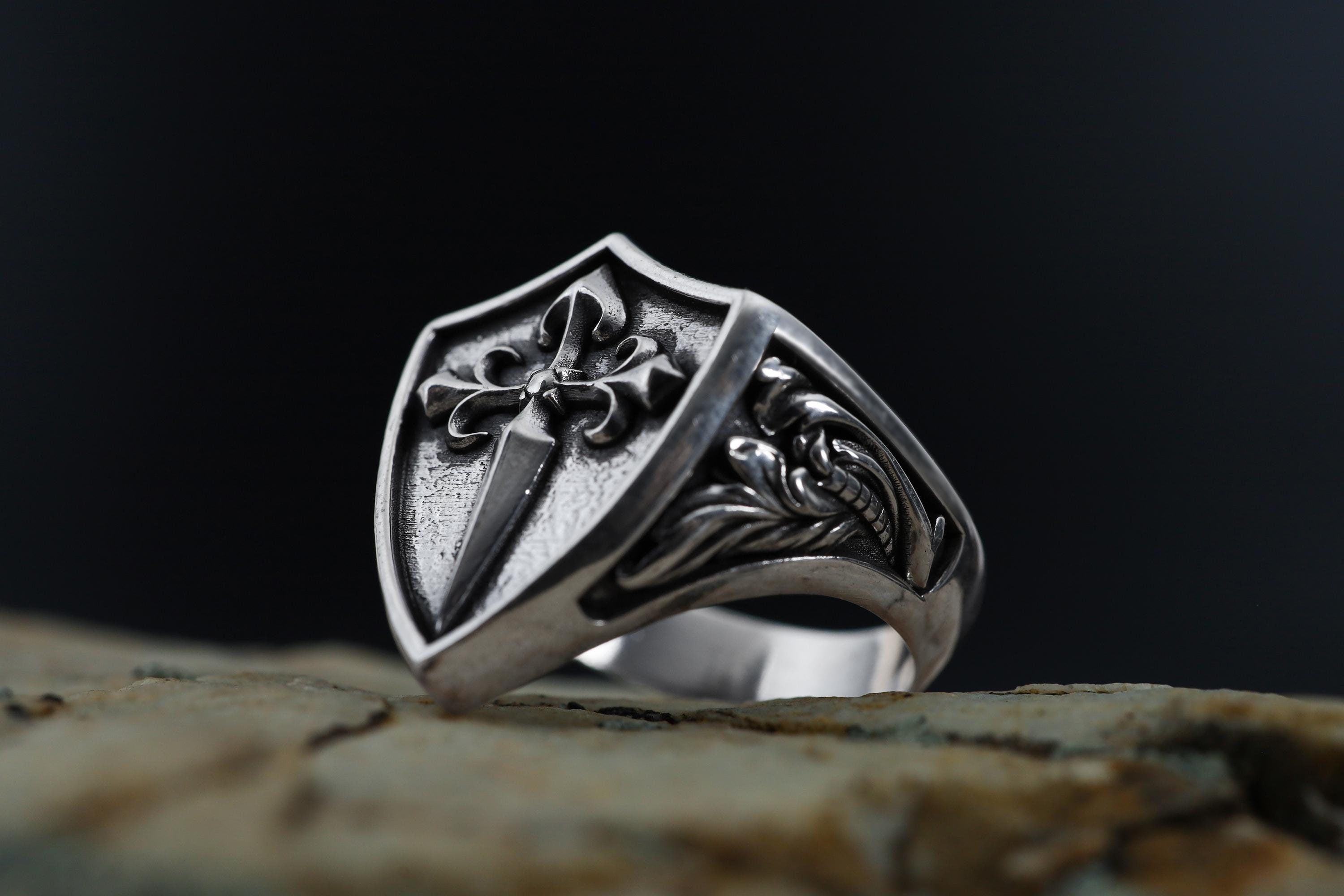 Handmade Sterling Silver Medieval Shield Ring, Fleur De Lis Sword