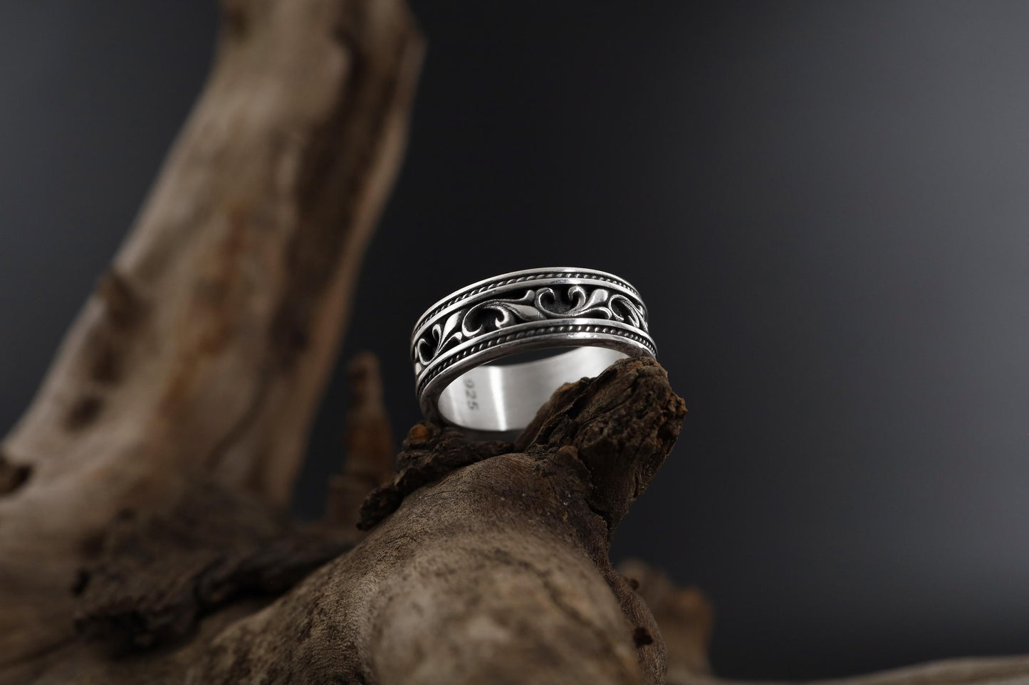 Sterling Silver Vintage Men's Band: Engraved Scrollwork Wedding Ring