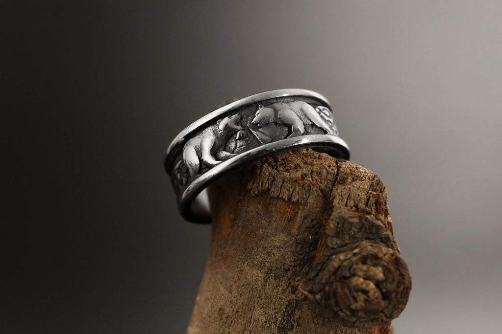 Gold Plated Bears Band: Nordic Grizzly Animal Jewelry, Handmade Berserker Band