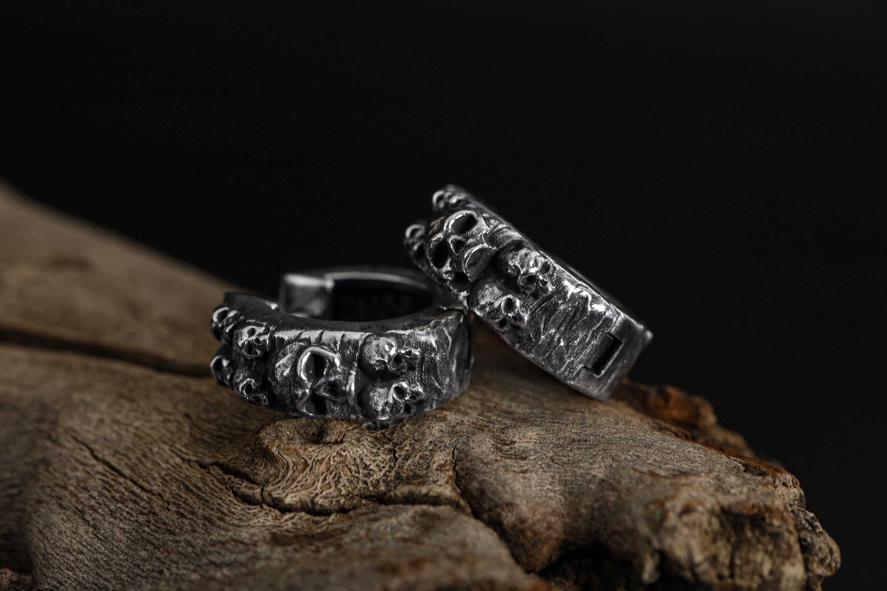 Sterling Silver Skull Hoop Earrings, Gothic Punk Jewelry, Dangle Skull Earrings, Men’s Skull Jewelry