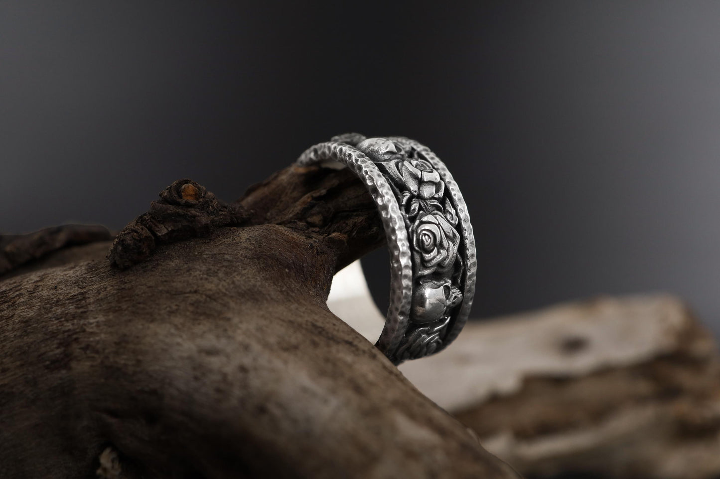 Sterling Silver Skull Roses Band Ring: Gothic Biker Punk Statement Jewelry
