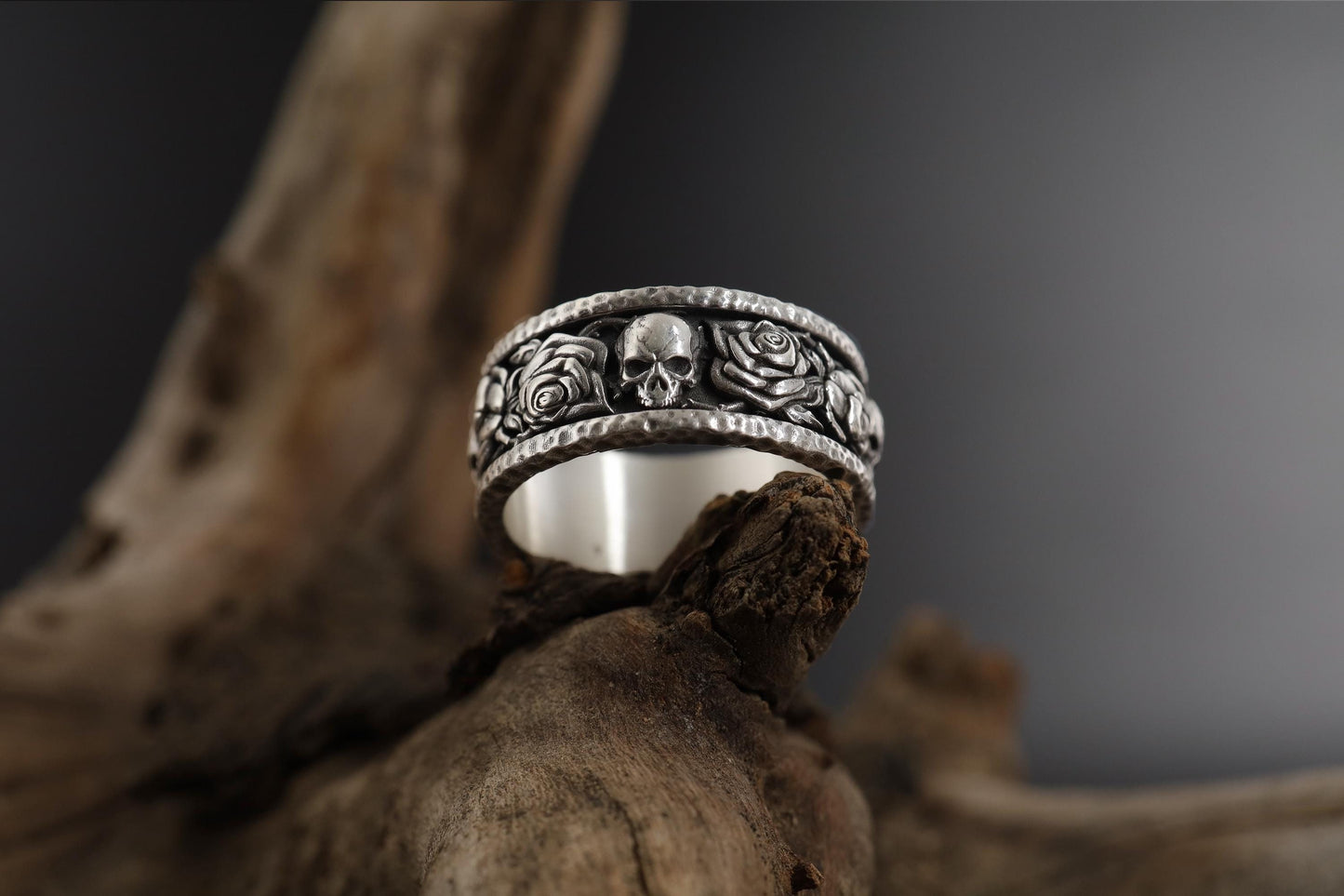 Skull and Roses Band Ring: Engraved Floral Gothic Band, Skull Men Engagement Ring, Roses Of Eternity Ring
