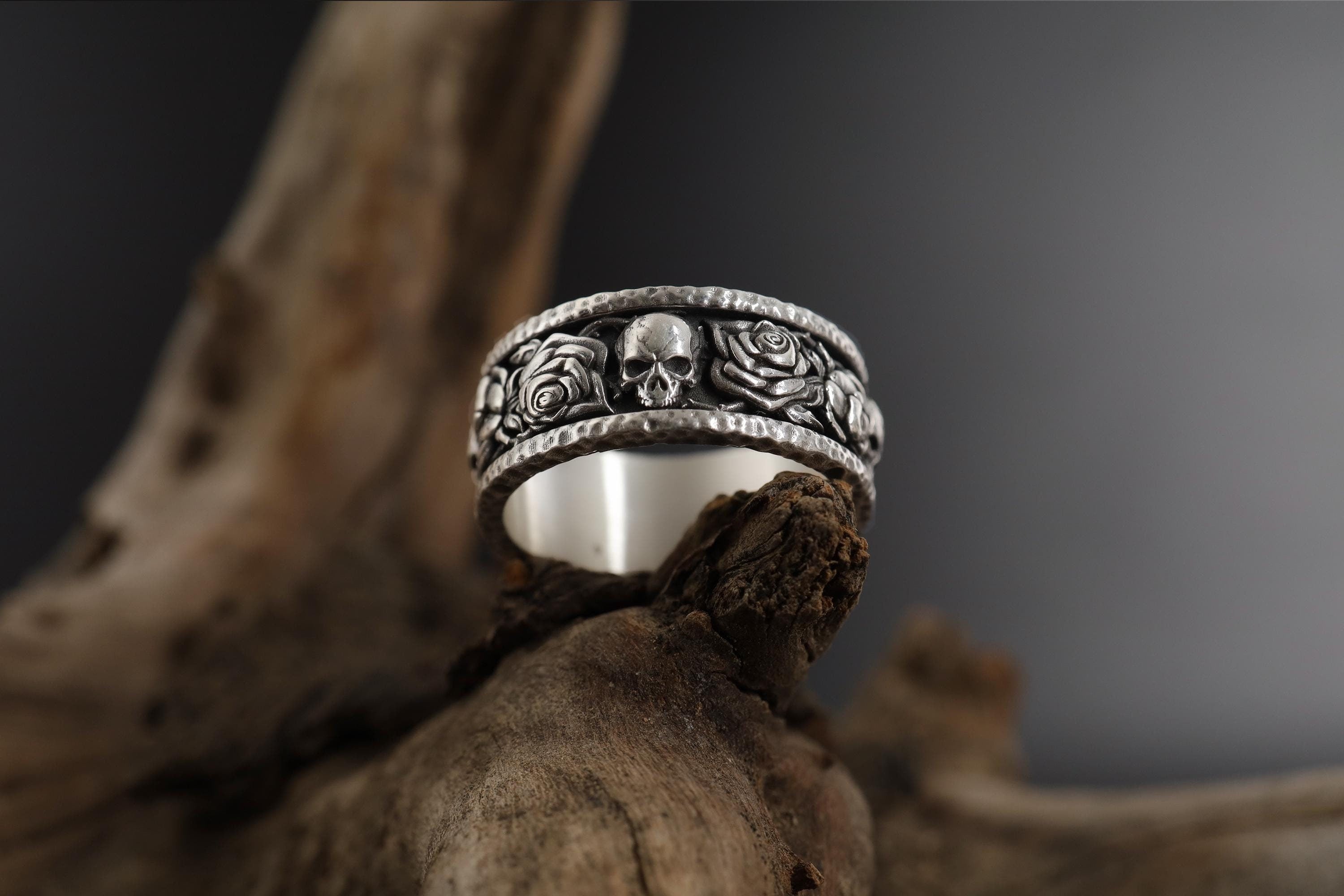 Skull and Roses Band Ring: Engraved Floral Gothic Band, Skull Men Engagement Ring, Roses Of Eternity Ring