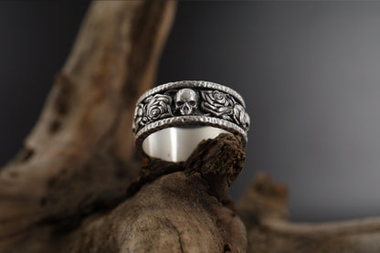 Skull and Roses Band Ring: Engraved Floral Gothic Band, Skull Men Engagement Ring, Roses Of Eternity Ring